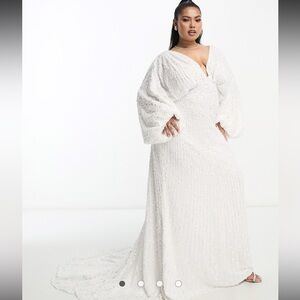 ASOS DESIGN Curve Lennox sequin blouson sleeve wedding dress with train in ivory